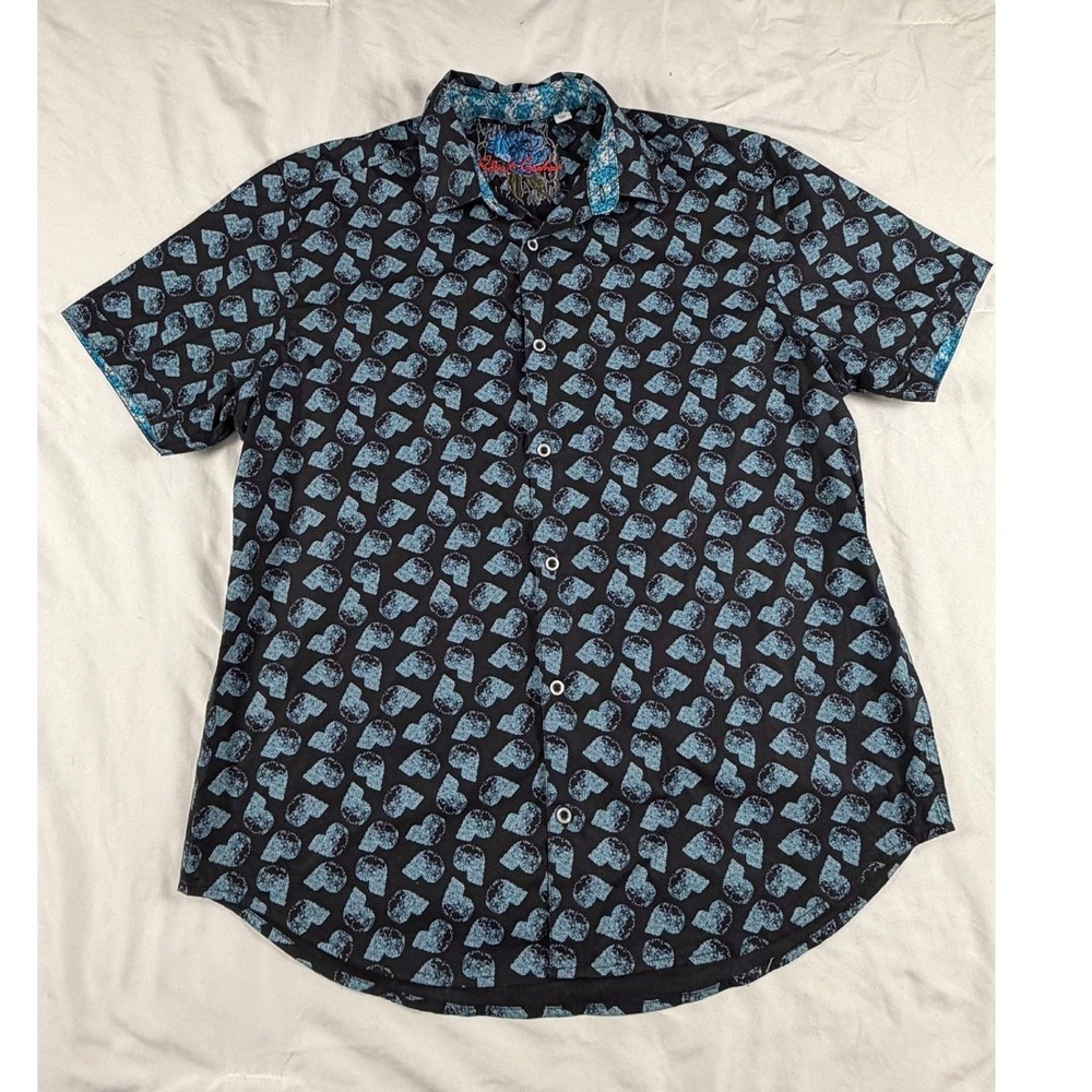 Robert Graham Mens Geometric Skull Button Down Shirt Black Teal Short Sleeve XL